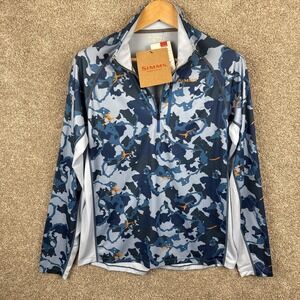 Simms Men's Medium Challenger Solar 1/2 Zip Blue Camo UPF 30+ Sun Protection NEW